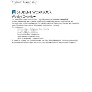 May include: An 8th Grade ELA Week 1 student workbook page with the theme of friendship. The document includes a weekly overview, learning objectives for reading, vocabulary, grammar, and writing, and footer text from Dill Duo Academy.
