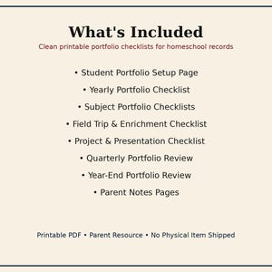 May include: A digital document titled What's Included, listing clean printable portfolio checklists for homeschool records: Student Portfolio Setup Page, Yearly, Subject, Field Trip, Enrichment, Project, Presentation checklists, Quarterly and Year-End reviews, and Parent Notes Pages.