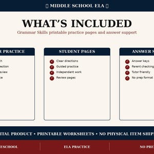 May include: A digital product information graphic for Middle School ELA grammar skills. It lists Grammar Practice, Student Pages, and Answer Support with bullet points. Text includes 'What's Included', 'Digital Product', and 'Printable Worksheets'.