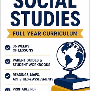 May include: An 8th Grade Social Studies full year curriculum educational resource featuring a stack of three books topped with a globe. The text includes 36 weeks of lessons, parent guides, student workbooks, readings, maps, activities, assessments, and printable PDF instant download, branded as Dill Duo Academy.