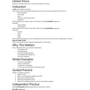 May include: A black and white educational worksheet titled Day 1 - What Is a Cell? The document includes sections on instruction, why this matters, model examples, guided practice, independent practice, and reflection, ending with Dill Duo Academy.