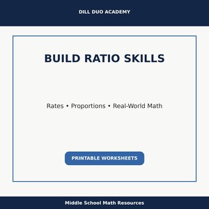 May include: A white background with a blue border features the text "BUILD RATIO SKILLS" in bold, dark blue letters. Below, it lists "Rates &bull; Proportions &bull; Real-World Math." A blue button reads "PRINTABLE WORKSHEETS." The top reads "DILL DUO ACADEMY."