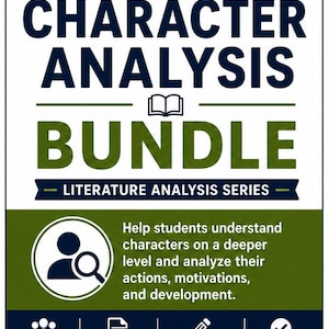以下が含まれることがあります： Middle School ELA Character Analysis Bundle, Literature Analysis Seriesというタイトルのデジタル教材。濃い青とオリーブグリーンのテキスト、虫眼鏡のアイコン、6〜8年生、PDF、ワークシート、解答キーを示すラベルが記載されています。