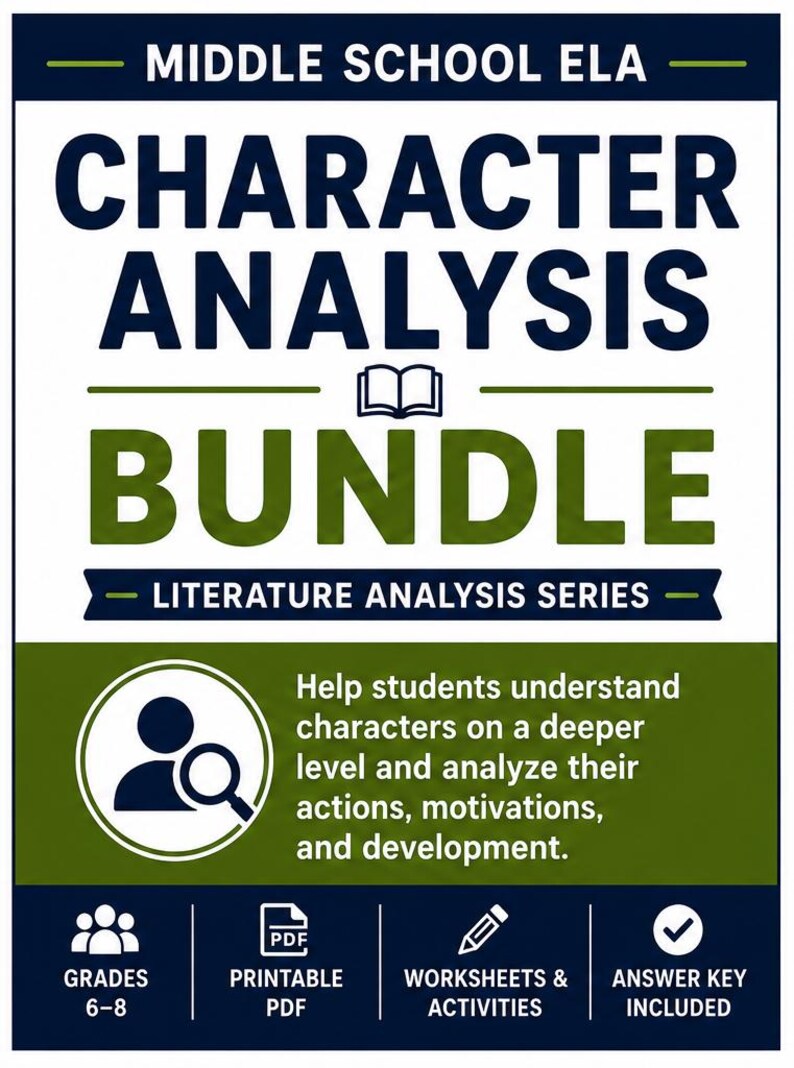 May include: A digital educational resource titled Middle School ELA Character Analysis Bundle, Literature Analysis Series. The document features dark blue and olive green text, a magnifying glass icon, and labels for grades 6-8, PDF, worksheets, and answer key.
