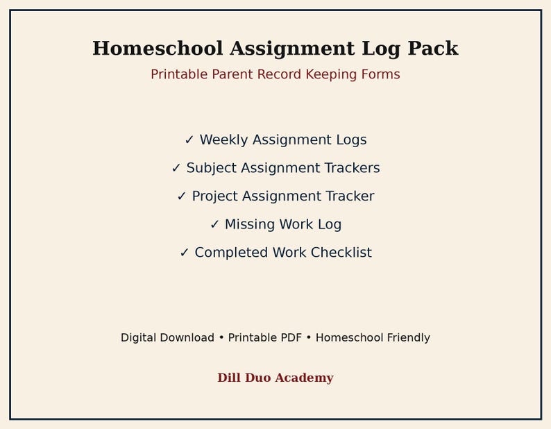 May include: A Homeschool Assignment Log Pack featuring printable parent record keeping forms. The list includes weekly assignment logs, subject assignment trackers, a project assignment tracker, a missing work log, and a completed work checklist.
