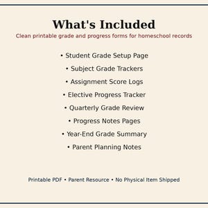 May include: A digital document titled What's Included, listing printable homeschool record forms: Student Grade Setup Page, Subject Grade Trackers, Assignment Score Logs, Elective Progress Tracker, Quarterly Grade Review, Progress Notes Pages, Year-End Grade Summary, and Parent Planning Notes.
