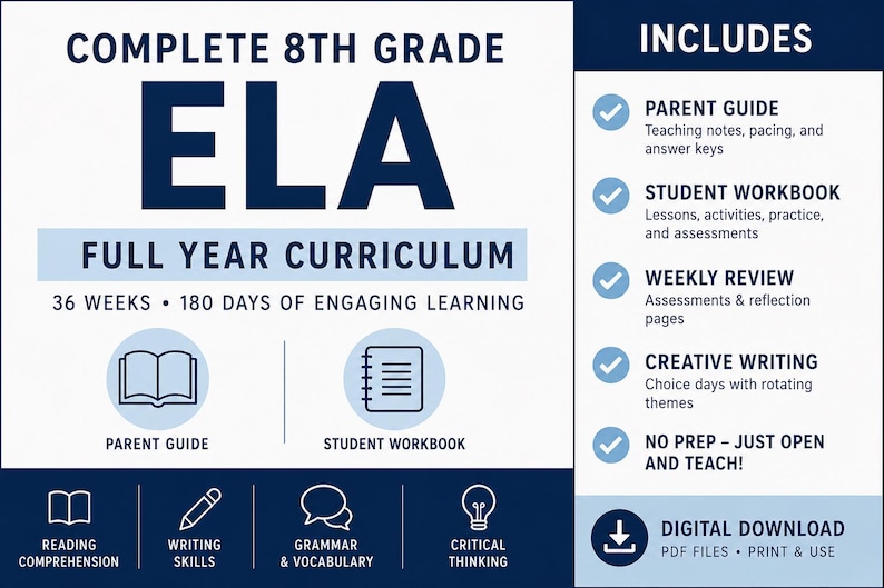 May include: A complete 8th grade ELA full year curriculum digital download. The white and dark blue graphic features text including 36 weeks, 180 days of engaging learning, parent guide, student workbook, reading comprehension, writing skills, grammar, and vocabulary.