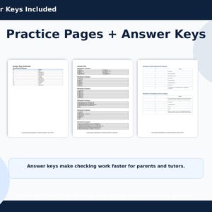 May include: Three white pages with text, labeled "Practice Pages + Answer Keys". The top of the image reads "Answer Keys Included". The bottom of the image reads "Answer keys make checking work faster for parents and tutors."