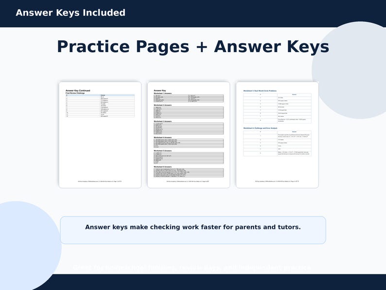 May include: Three white pages with text, labeled "Practice Pages + Answer Keys". The top of the image reads "Answer Keys Included". The bottom of the image reads "Answer keys make checking work faster for parents and tutors."
