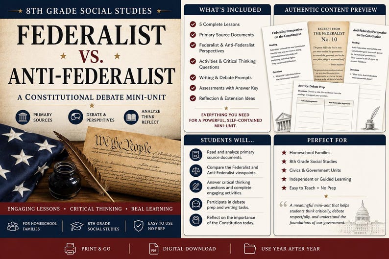 May include: Educational mini-unit for 8th-grade social studies, focusing on the Federalist vs. Anti-Federalist debate. Includes lessons, primary source documents, and activities. Features an American flag, quill, inkwell, and a document with "We the People" text.