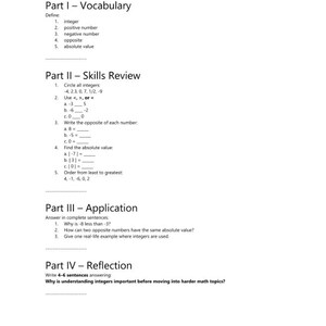 May include: A black and white educational worksheet titled Day 5 &ndash; Weekly Review & Assessment, featuring four parts: Vocabulary, Skills Review, Application, and Reflection. The text includes math problems regarding integers, absolute values, and opposites.