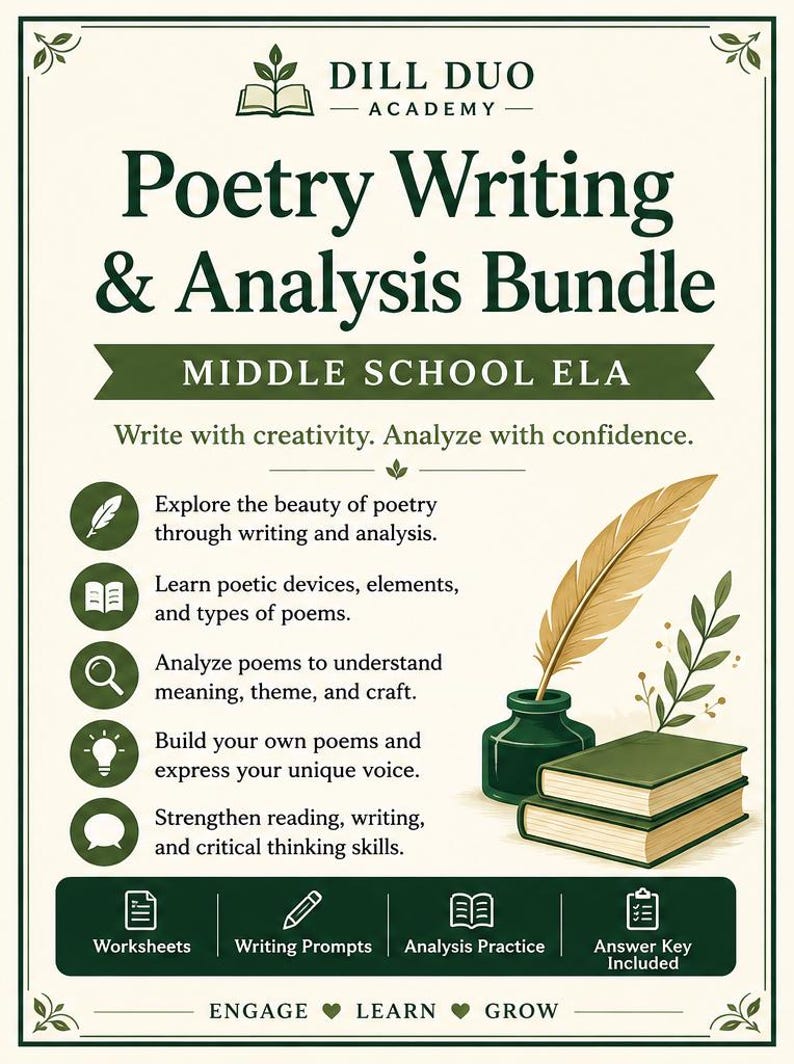 May include: A cream-colored educational poster titled Dill Duo Academy Poetry Writing & Analysis Bundle for Middle School ELA. It features dark green text, a quill in an inkwell, and a stack of two books. Icons represent worksheets, writing prompts, analysis practice, and answer keys.