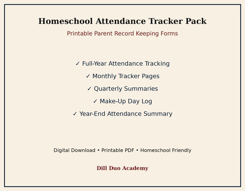 May include: A Homeschool Attendance Tracker Pack featuring printable parent record keeping forms. The text lists full-year tracking, monthly pages, quarterly summaries, make-up day logs, and year-end summaries. Includes digital download and PDF labels.