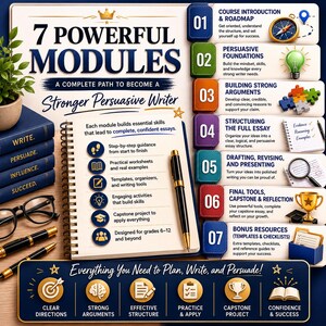 May include: An educational graphic with the title "7 Powerful Modules" and the subtitle "A Complete Path to Become a Stronger Persuasive Writer." The image includes a stack of books, a pen, and icons representing writing skills, with the text "Everything You Need to Plan, Write, and Persuade!"