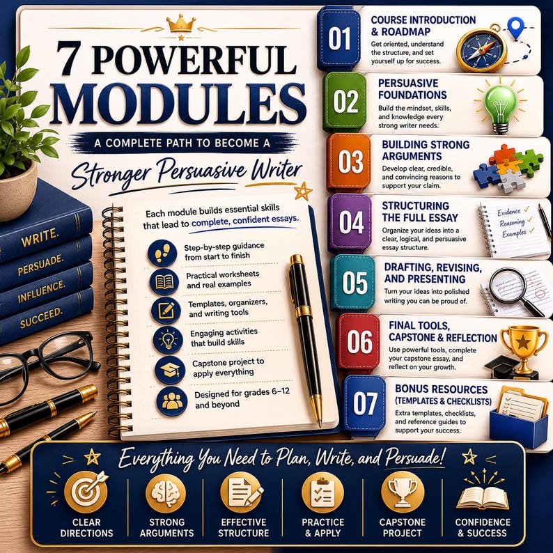 May include: An educational graphic with the title "7 Powerful Modules" and the subtitle "A Complete Path to Become a Stronger Persuasive Writer." The image includes a stack of books, a pen, and icons representing writing skills, with the text "Everything You Need to Plan, Write, and Persuade!"