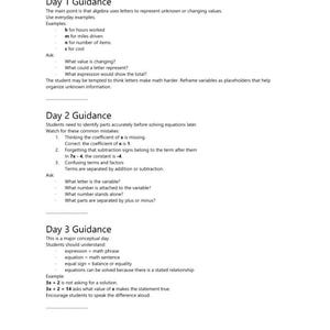 May include: A black and white educational document titled Day-by-Day Teaching Guidance, featuring Day 1, Day 2, and Day 3 sections. The text provides math instruction on algebra, variables, coefficients, and equations, ending with Dill Duo Academy copyright.