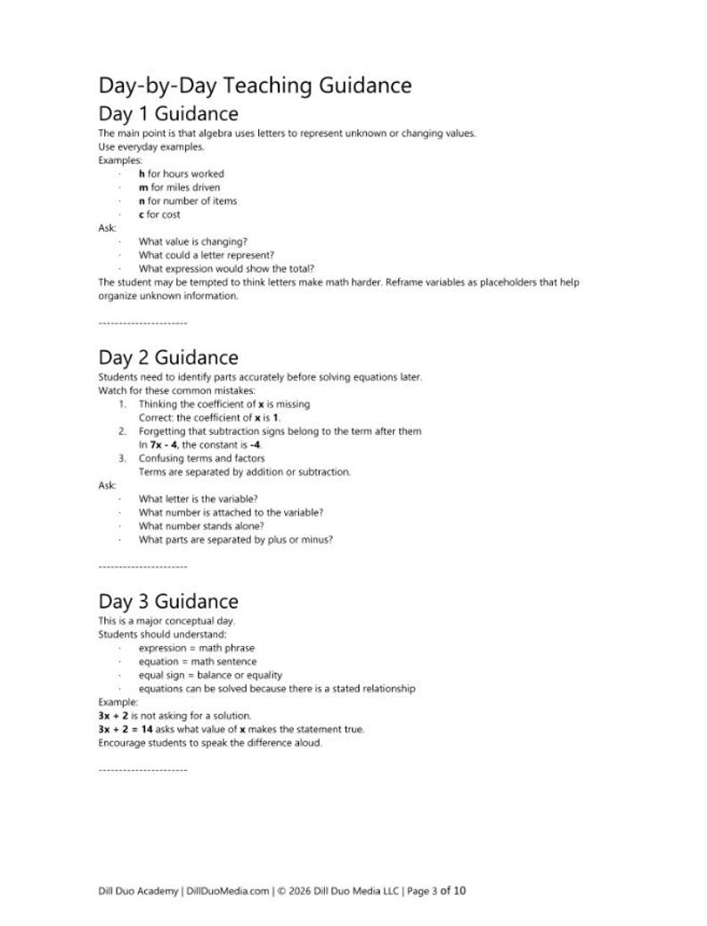 May include: A black and white educational document titled Day-by-Day Teaching Guidance, featuring Day 1, Day 2, and Day 3 sections. The text provides math instruction on algebra, variables, coefficients, and equations, ending with Dill Duo Academy copyright.