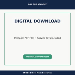 May include: Digital download graphic with the text "DIGITAL DOWNLOAD" in bold, dark blue letters. Below, it reads "Printable PDF Files &bull; Answer Keys Included." A green button says "PRINTABLE WORKSHEETS." The top banner says "DILL DUO ACADEMY."