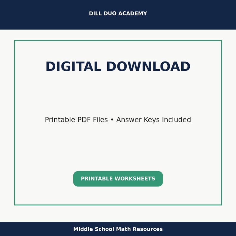 May include: Digital download graphic with the text "DIGITAL DOWNLOAD" in bold, dark blue letters. Below, it reads "Printable PDF Files &bull; Answer Keys Included." A green button says "PRINTABLE WORKSHEETS." The top banner says "DILL DUO ACADEMY."