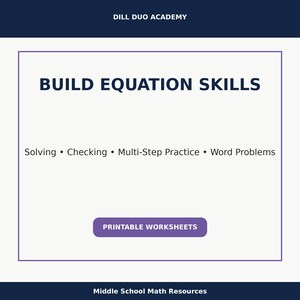 May include: A printable worksheet for middle school math resources. The image features the text "BUILD EQUATION SKILLS" in bold, dark blue letters. Below, it lists "Solving, Checking, Multi-Step Practice, Word Problems." A purple button reads "PRINTABLE WORKSHEETS."