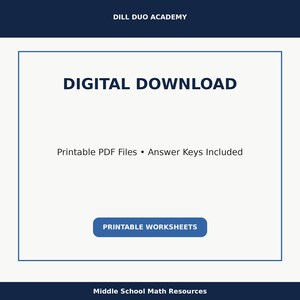 May include: A digital download graphic with the text "DIGITAL DOWNLOAD" in bold, centered above the text "Printable PDF Files &bull; Answer Keys Included." A blue button reads "PRINTABLE WORKSHEETS." The top banner reads "DILL DUO ACADEMY."