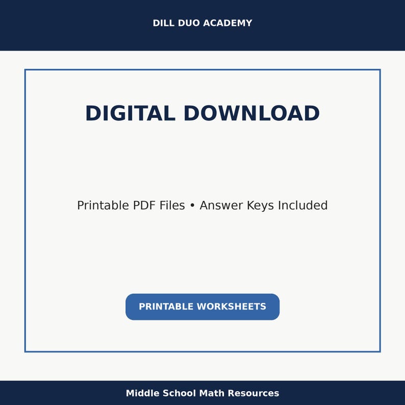 May include: A digital download graphic with the text "DIGITAL DOWNLOAD" in bold, centered above the text "Printable PDF Files &bull; Answer Keys Included." A blue button reads "PRINTABLE WORKSHEETS." The top banner reads "DILL DUO ACADEMY."