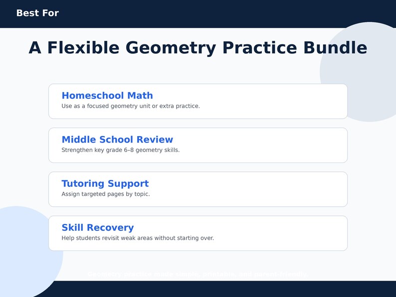May include: A Flexible Geometry Practice Bundle graphic with text. The image is on a white and blue background. The text includes "Homeschool Math", "Middle School Review", "Tutoring Support", and "Skill Recovery".