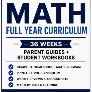 May include: A white educational document with dark blue text reading 8TH GRADE MATH FULL YEAR CURRICULUM, 36 WEEKS, PARENT GUIDES + STUDENT WORKBOOKS, and GRADES 8-9 LEVEL. It lists features with blue checkmarks: COMPLETE HOMESCHOOL MATH PROGRAM, PRINTABLE PDF CURRICULUM, WEEKLY REVIEWS & ASSESSMENTS, and MASTERY-BASED LEARNING.