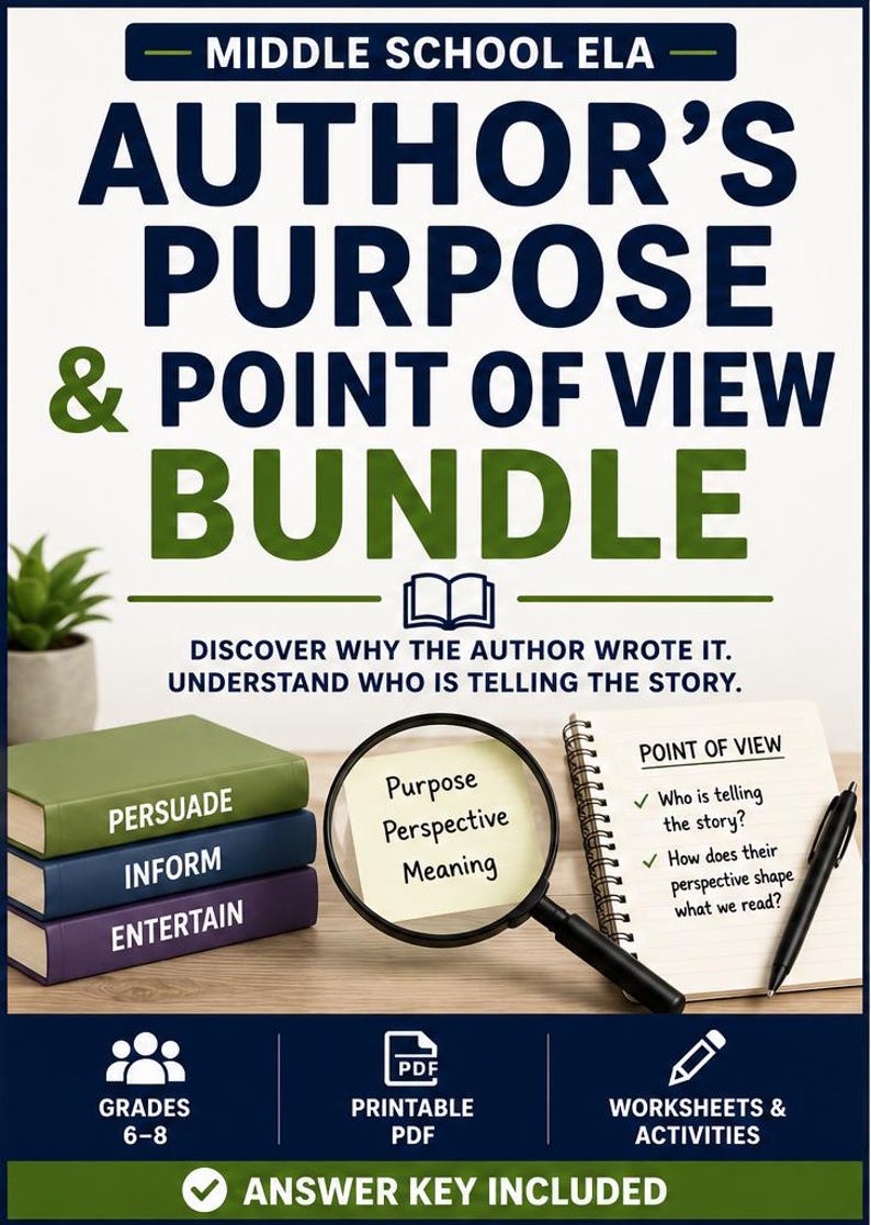 May include: Educational bundle for middle school ELA titled Author's Purpose & Point of View Bundle. Includes a stack of three books labeled Persuade, Inform, and Entertain, a magnifying glass, a notepad with Point of View notes, and a black pen.