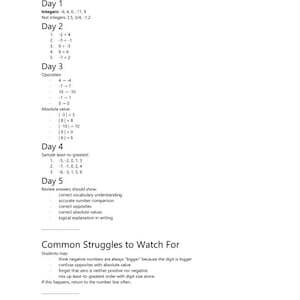 May include: A printed educational document titled Answer Guide - Core Understanding, featuring math exercises for days one through five, including integers, inequalities, opposites, absolute values, and common student struggles with numbers.
