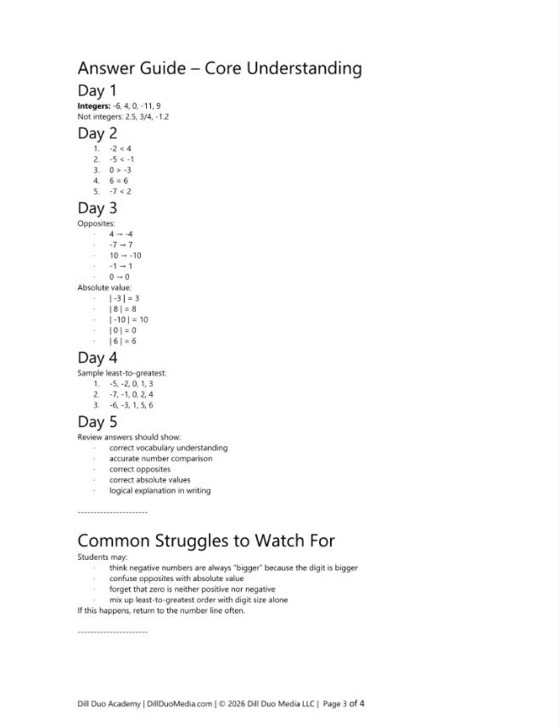 May include: A printed educational document titled Answer Guide - Core Understanding, featuring math exercises for days one through five, including integers, inequalities, opposites, absolute values, and common student struggles with numbers.