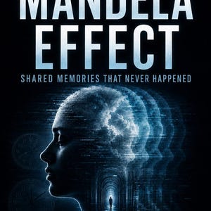Peut inclure: Une couverture de livre intitulée THE MANDELA EFFECT SHARED MEMORIES THAT NEVER HAPPENED par Christopher Dill. Le design bleu foncé présente la silhouette de profil d'une tête remplie de nuages et un long couloir avec une silhouette au fond.