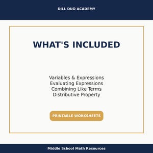 Może przedstawiać: Wydrukowany arkusz roboczy z Dill Duo Academy zatytułowany "WHAT'S INCLUDED". Wymienia tematy takie jak Zmienne i wyrażenia, Ocena wyrażeń, Łączenie podobnych termin&oacute;w i Własność rozdzielcza. Zasoby matematyczne dla szk&oacute;ł średnich.