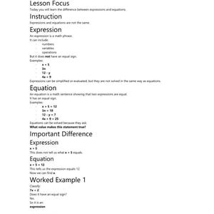 May include: A black and white educational document titled Day 3 - Expressions vs. Equations. It defines expressions as math phrases without equal signs and equations as math sentences showing equality, including examples like x + 5 and x + 5 = 12.
