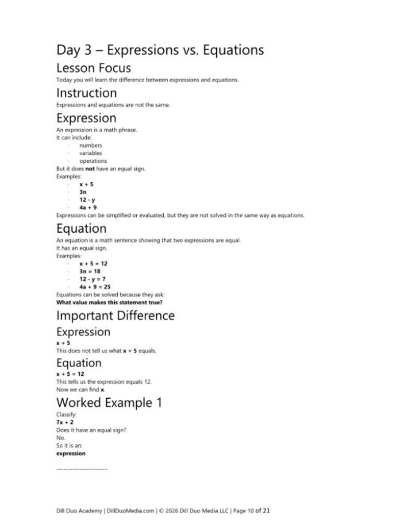 May include: A black and white educational document titled Day 3 - Expressions vs. Equations. It defines expressions as math phrases without equal signs and equations as math sentences showing equality, including examples like x + 5 and x + 5 = 12.