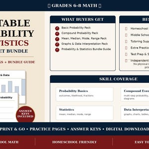 May include: Printable Probability & Statistics Worksheet Bundle for grades 6-8 math. Includes 4 worksheet packs and a bundle guide. Topics include probability basics, statistics, compound events, and data interpretation. Answer keys are included. Best for homeschool and middle school review.