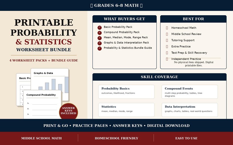 May include: Printable Probability & Statistics Worksheet Bundle for grades 6-8 math. Includes 4 worksheet packs and a bundle guide. Topics include probability basics, statistics, compound events, and data interpretation. Answer keys are included. Best for homeschool and middle school review.