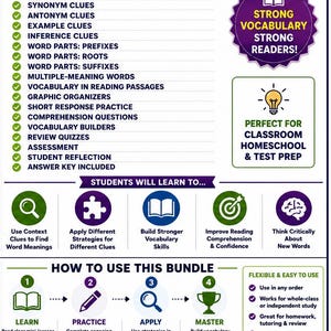 May include: An educational infographic titled WHAT'S INCLUDED listing vocabulary mini-lessons, context clues, and reading strategies. It features sections on student learning outcomes, a four-step guide to using the bundle, and a list of flexible usage options.