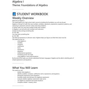 May include: A 9th Grade Algebra I student workbook page titled Foundations of Algebra. The document includes a weekly overview, learning objectives, and introductory concepts such as variables, constants, coefficients, and equations.