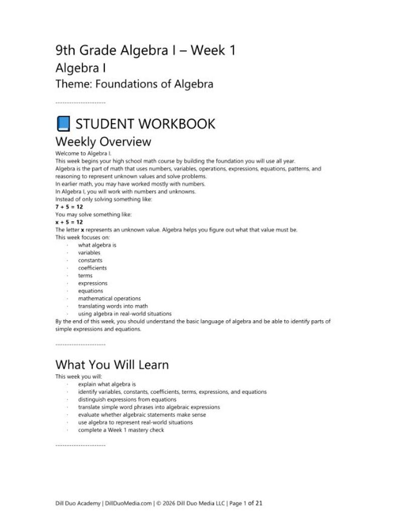 May include: A 9th Grade Algebra I student workbook page titled Foundations of Algebra. The document includes a weekly overview, learning objectives, and introductory concepts such as variables, constants, coefficients, and equations.