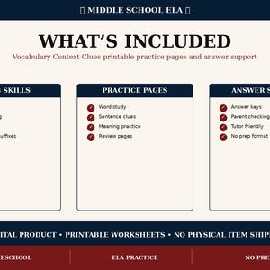 May include: A digital educational resource for middle school ELA featuring vocabulary context clues. The layout includes sections for Vocab Skills, Practice Pages, and Answer Support with bulleted lists, all presented on a cream background with dark blue headers.