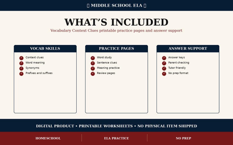 May include: A digital educational resource for middle school ELA featuring vocabulary context clues. The layout includes sections for Vocab Skills, Practice Pages, and Answer Support with bulleted lists, all presented on a cream background with dark blue headers.
