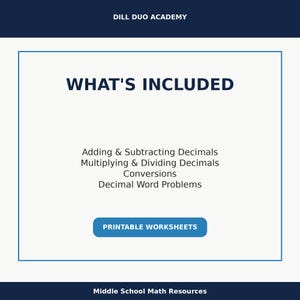 May include: A white background with a blue border contains the text "WHAT'S INCLUDED". Below the text are the words "Adding & Subtracting Decimals", "Multiplying & Dividing Decimals", "Conversions", and "Decimal Word Problems". A blue button reads "PRINTABLE WORKSHEETS".