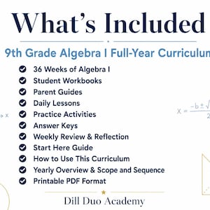 May include: A white informational graphic titled What's Included for a 9th Grade Algebra I Full-Year Curriculum by Dill Duo Academy. It lists 12 components including student workbooks, parent guides, daily lessons, and answer keys in PDF format.