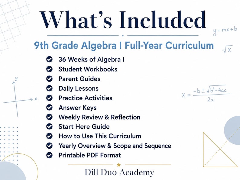 May include: A white informational graphic titled What's Included for a 9th Grade Algebra I Full-Year Curriculum by Dill Duo Academy. It lists 12 components including student workbooks, parent guides, daily lessons, and answer keys in PDF format.