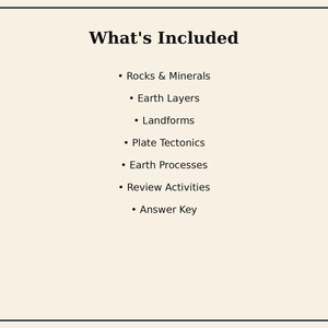 May include: A white informational card with a black border featuring the heading What's Included followed by a bulleted list: Rocks & Minerals, Earth Layers, Landforms, Plate Tectonics, Earth Processes, Review Activities, and Answer Key.
