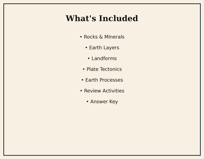 May include: A white informational card with a black border featuring the heading What's Included followed by a bulleted list: Rocks & Minerals, Earth Layers, Landforms, Plate Tectonics, Earth Processes, Review Activities, and Answer Key.