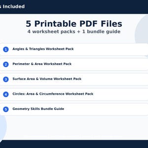 May include: A blue and white graphic lists "5 Printable PDF Files" including "Angles & Triangles Worksheet Pack," "Perimeter & Area Worksheet Pack," "Surface Area & Volume Worksheet Pack," "Circles: Area & Circumference Worksheet Pack," and "Geometry Skills Bundle Guide."