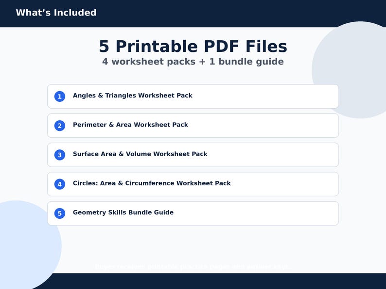 May include: A blue and white graphic lists "5 Printable PDF Files" including "Angles & Triangles Worksheet Pack," "Perimeter & Area Worksheet Pack," "Surface Area & Volume Worksheet Pack," "Circles: Area & Circumference Worksheet Pack," and "Geometry Skills Bundle Guide."