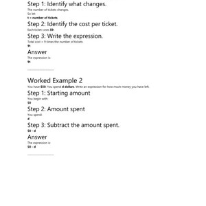 May include: A white educational document page titled Worked Example 1 and Worked Example 2, featuring black text on a white background. The content explains algebraic expressions for ticket costs and remaining money, including steps and answers like 9t and 50-d.